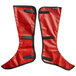 A pair of red boots with black straps, one with a black stripe.