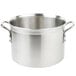 A close-up of a Vollrath stainless steel sauce pot with two handles.