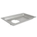 A silver stainless steel rectangular feed pan with a funnel-shaped hole in the middle.