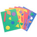 A group of colorful paper cutouts including circles, hearts, and other shapes in red, yellow, blue, purple, and green.