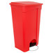 A red rectangular Continental trash can with a black lid and step.