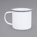 A white enamel mug with a grey rolled rim.