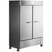 A stainless steel Beverage-Air reach-in freezer with two solid doors.
