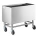 A white rectangular stainless steel ice bin on wheels.