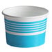 A blue and white striped paper Choice frozen yogurt cup.