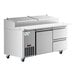 An Avantco stainless steel refrigerated pizza prep table with 2 drawers on wheels.