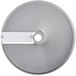 A silver circular metal plate with a white handle.