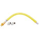 A yellow flexible gas hose with silver fittings.