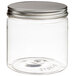 A clear plastic jar with a silver lid.