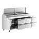 An Avantco stainless steel refrigerated pizza prep table with drawers.