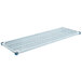 A white MetroMax Q shelf with a blue metal frame and white plastic grates with holes and blue handles.