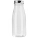 A close-up of a clear plastic Solia bottle with a silver cap.