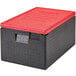 A black and red plastic Cambro Cam GoBox food pan carrier with a red lid.