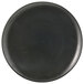A Front of the House semi-matte black porcelain plate with spiral lines on it.