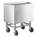 A Regency stainless steel portable ice bin with a sliding lid on wheels.