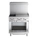 A stainless steel Cooking Performance Group commercial gas range with 2 burners, a griddle, and an oven rack.