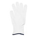 A white glove with blue trim on it.