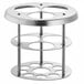 A stainless steel circular holder with four holes for Carnival King sauce bottles.