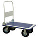 A blue and white steel folding platform truck with black wheels.