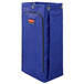 A blue Rubbermaid janitor cart bag with a red label and zipper.