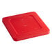 A red flexible plastic lid on a Vollrath steam table pan with a white background.