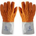 A pair of Matfer Bourgeat oven gloves with white and orange stitching.