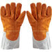 A pair of Matfer Bourgeat leather oven gloves with orange and white patches.