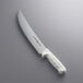 A Dexter-Russell cimeter steak knife with a white handle.