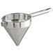 A stainless steel Choice Fine China Cap Strainer with a handle.
