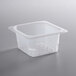 A clear plastic 1/6 size food pan colander with holes.