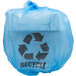 A blue plastic bag with a recycle symbol on it.