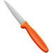 A Dexter-Russell paring knife with an orange handle.