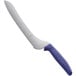 A Dexter-Russell bread knife with a blue handle and purple blade.