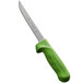 A Dexter-Russell narrow boning knife with a green handle.