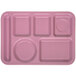 A pink Carlisle heavy-duty melamine 6 compartment tray with four different shapes.