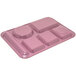 A rose granite Carlisle pink plastic tray with six compartments, including four circles.