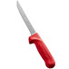 A Dexter-Russell narrow boning knife with a red handle.