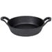An American Metalcraft black cast iron casserole dish with two handles.
