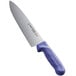 A Dexter-Russell chef knife with a blue handle and purple blade.