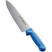 A Dexter-Russell Sani-Safe chef knife with a blue handle.