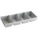A silver Baker's Mark aluminized steel tray with four loaf compartments.
