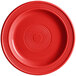 A red Acopa Capri stoneware plate with a circular design in the middle.