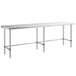 A Regency stainless steel open base work table with a long rectangular top.