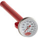 A close-up of a Cooper-Atkins pocket probe dial thermometer with a red and white gauge and red handle.