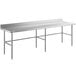 A Regency stainless steel open base work table with a backsplash on metal legs.