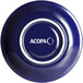 An Acopa Capri deep sea cobalt stoneware saucer in blue with white text.