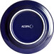 An Acopa Capri deep sea cobalt stoneware plate with white text on it.
