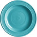 An Acopa Capri Caribbean turquoise stoneware plate with a spiral pattern on a white background.