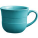 An Acopa Capri Caribbean turquoise stoneware cup with a handle.