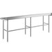A Regency stainless steel work table with long metal legs.
